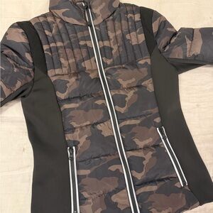 Aqua Camouflage Quilted Puffer Jacket with Black Stretch Panels